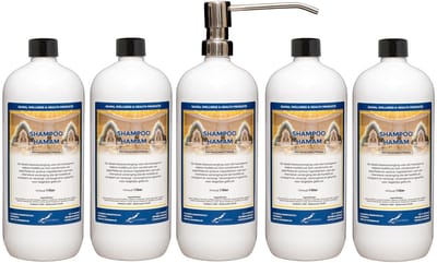 Shampoo Hamam 1 liter met luxe RVS zilverkleurige pomp - set van 5 stuks - voordeelverpakking - haarverzorging