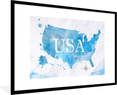 Poster in lijst - Fotolijst 90x60 cm - Posters - Verenigde Staten - Wereldkaart - Waterverf - Posterlijst zwart - Decoratie - Wanddecoratie woonkamer - Muurdecoratie slaapkamer