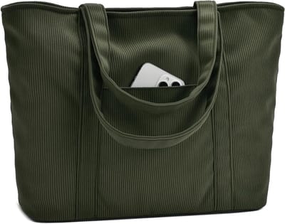 Dames Corduroy Tote Bag voor Laptop en School - Vouwbare Casual Werkhandtas voor A4 Folders en 15.6 Inch Laptop