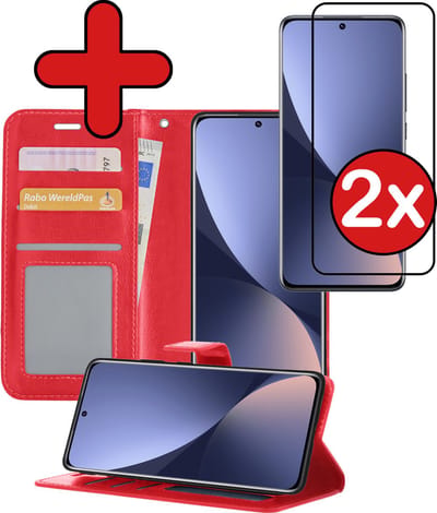 Hoesje - Met 2x Screenprotector - Geschikt voor Xiaomi 12X - Luxe Pasjeshouder - Flip Case - Bookcase Portemonee - Kunstleer Book Case - Flipcase Hoes - Book Cover - Walletcase - Portemonneehoes - Telefoonhoes - Rood