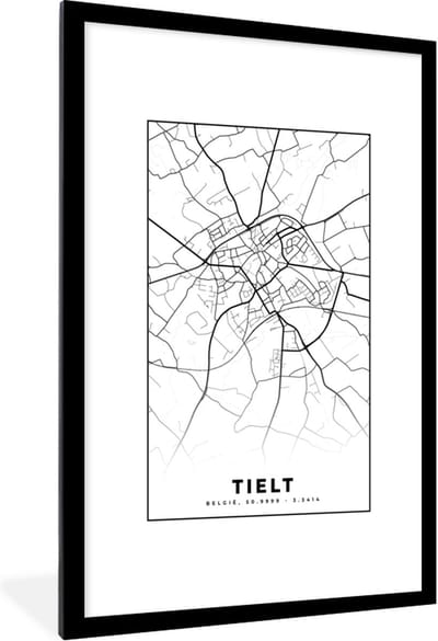 Fotolijst incl. Poster Zwart Wit- Kaart – Plattegrond – Stadskaart – Tielt – België – Zwart Wit - 80x120 cm - Posterlijst