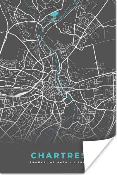 Poster Chartres - Plattegrond - Kaart - Stadskaart - Frankrijk - 120x180 cm XXL