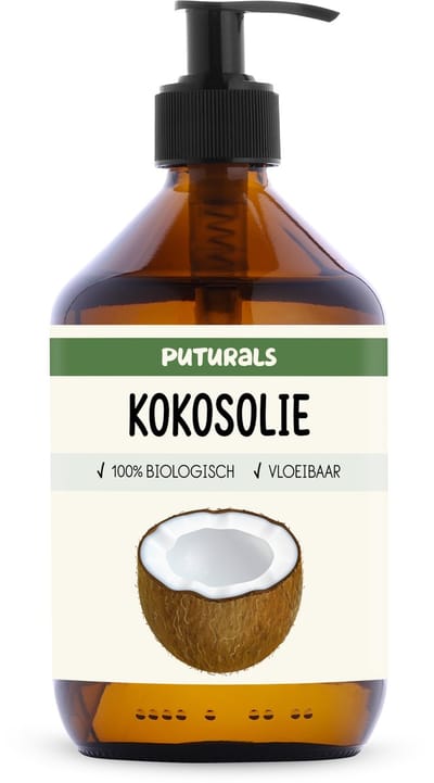 Puturals Kokosolie 100% Biologisch - 500ml - Koudgeperst en Puur - MCT Olie voor Huid, Haar en Massage - Kokosolie Vloeibaar - Glazen Fles met Pomp