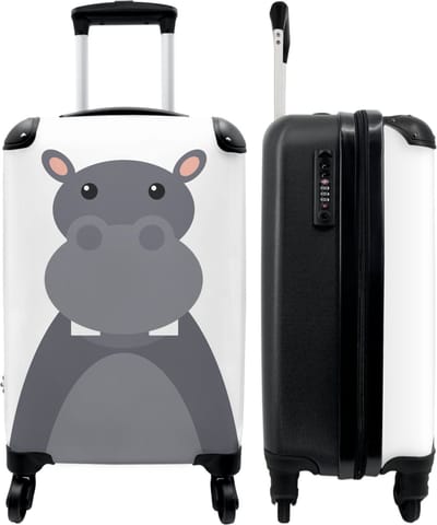 NoBoringSuitcases.com® Kinderkoffer - Nijlpaard - Dieren - Grijs - Jongen - Meisjes - Trolley kinderen - Reiskoffer meisje - Koffer jongen - Lichtgewicht - Hardcase - TSA slot - Past binnen 55x40x20 cm en 55x35x25 cm - Handbagagekoffer