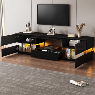 STILVORA TV-Meubel - Hoogglans TV-Kast Met LED En Drukopening - 2 Deuren 1 Lade En Open Vak Voor 70 Inch TV - Spaanplaat - 160x39x45 cm - Zwart