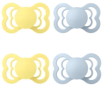 BIBS Supreme Fopspenen Set 4 stuks - Maat 2 / 6-18 maanden - Latex - Sunshine 2x - Baby Blue 2x