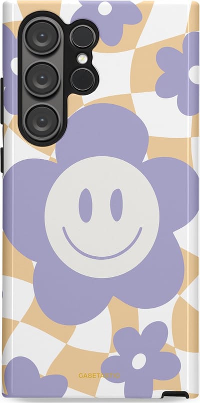 Casetastic hoesje geschikt voor Samsung Galaxy S23 Ultra - Dubbellaagse bescherming - Madeliefjes magie - Fashion Case - Lila Wit Zand Lichtgrijs