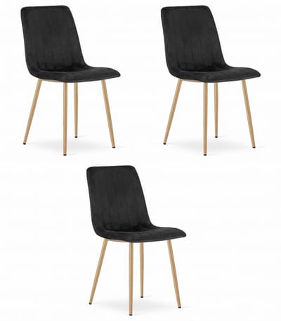 Set van 3 Eetkamerstoelen LAVA - Zwart - Houtlook Metalen Poten - Velvet Bekleding - Industriële Stijl, Max. 110 kg, Ergonomisch Design, Comfortabele Zitting