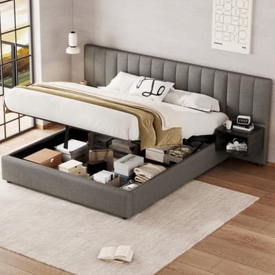 MEUNIQ gestoffeerd bed 160 x 200 cm met hydraulische opbergruimte, houten lattenbodem en 2 nachtkastjes met opbergruimte voor slaapkamer, grijs en zwart