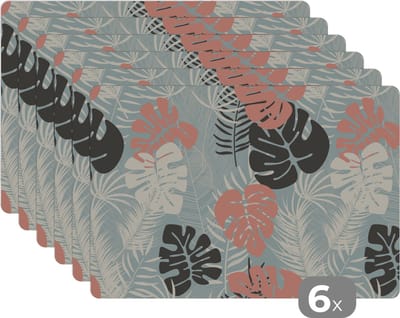 Placemat - Placemats kunststof - Bladeren - Monstera - Pastel - Hawaii - Patronen - 45x30 cm - 6 stuks - Hittebestendig - Anti-Slip - Onderlegger - Afneembaar