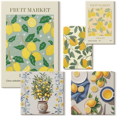 Wallfluent Set van canvas schilderijen - Citruscollectie Vers fruit en decoratieve patronen Canvas Schilderijen Set - Set van 5 Canvas Schilderijen - Geel Set van Canvas Prints - Natuur Canvas Kunst Set - Boheemse Canvas Kunst Set