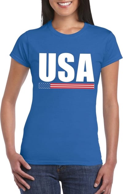 USA / Amerika supporters kleding t-shirt - voor dames - blauw - met vlag kleuren print - korte mouwen S