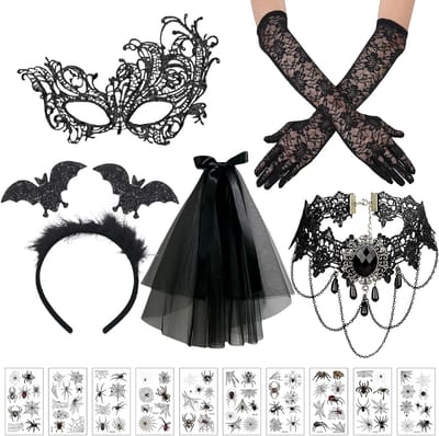 Halloween Steampunk Accessoires voor Vrouwen, Set van 5, Inclusief Zwarte Kanten Handschoenen, Ketting, Oogmasker en Tattoo Stickers voor Carnaval en Kostuumfeesten