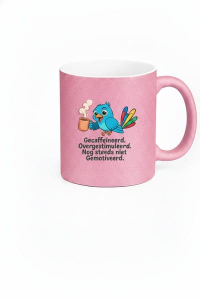 Koffiemok Gecaffeïneerd, Overgestimuleerd, Nog Steeds Niet Gemotiveerd – Grappige Vogel – Roze Glitter – Keramiek 330 ml