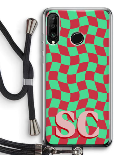 Gepersonaliseerd - Case Company® - Hoesje met koord geschikt voor Huawei P30 Lite hoesje met Koord - Grid Monogram - Telefoonhoesje met Zwart Koord - Bescherming aan alle Kanten en Over de Schermrand