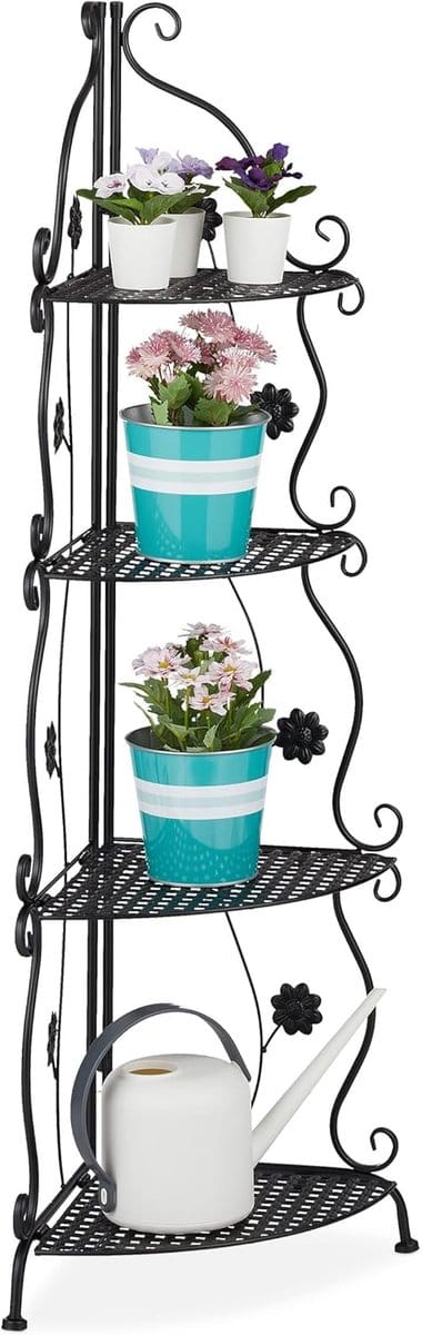 Famanu – Hoek plantenrek met 4 etages, voor binnen en buiten, vintage plantentrap, zwart, HBD: 113,5 x 31 x 31 cm
