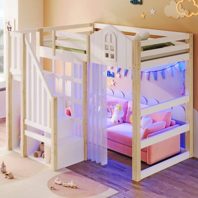 DESMIU Huisbed 90x200cm – Sfeerverlichting En Speelhuis-Design – Opbergtrap Met Open Vak – Kinderkamer En Speelhoek – Grenenhout Met MDF – Wit Naturel – Zonder Matras