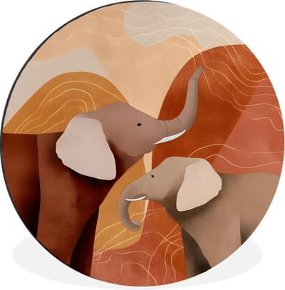 WallCircle - Wandcirkel - Muurcirkel - Olifanten - Oranje - Abstract - Aluminium - Dibond - 30x30 cm - Binnen en Buiten