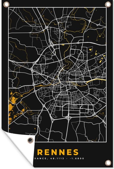 Muurdecoratie Kaart – Plattegrond – Rennes - Frankrijk – Stadskaart - 120x180 cm - Tuinposter - Tuindoek