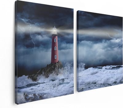 Artaza Canvas Schilderij Tweeluik Vuurtoren op een Storm Zee met Golfen Water - 120x80 - Foto Op Canvas - Canvas Print