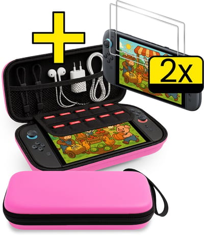Hoes Geschikt voor Nintendo Switch 2 Case Hoesje Polsbandje Met 2x Screenprotector - Bescherm Hoes Geschikt voor Nintendo Switch 2 Hoes Hard Cover - Roze