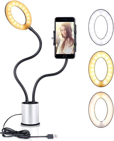 Peachy Selfie licht smartphone houder dimbaar 3 kleuren licht - Zilver Zwart