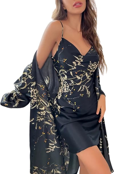 Livano Satijnen Badjas Dames - Kimono - Kamerjas - Satijn - Ochtendjas - Pyjama - Zwart - Maat S