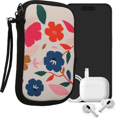 kwmobile hoesje voor smartphones L - 6,5" - hoes van Neopreen - Bonte bloemen design - roze / donkerblauw / crème - binnenmaat 16,5 x 8,9 cm