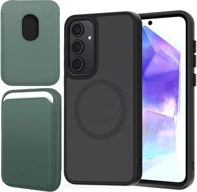 Hoesje + Pasjeshouder geschikt voor Samsung Galaxy A55 - Portemonnee geschikt voor MagSafe - Magnetisch - Pasjes Houder - Creditcardhouder - Groen
