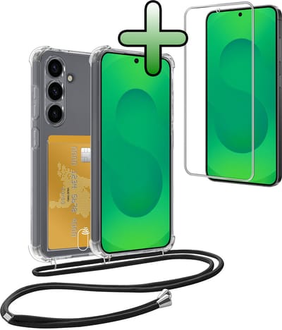 Hoes Geschikt voor Samsung S25 FE Hoesje Pas Houder Shock Proof Case Hoes Met Koord Met Screenprotector - Hoesje Geschikt voor Samsung Galaxy S25 FE Hoes Met Telefoonkoord Pasjeshouder Cover - Transparant