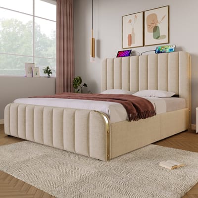 Tweepersoonsbed met zachte bekleding – Hoofdbord met zachte bekleding – Voorzien van gouden sierstrepen en USB Type-C-oplaadfunctie – 160 x 200 cm – Beige linnen – Met 4 lades – Draagvermogen 200 kg (inclusief matras)