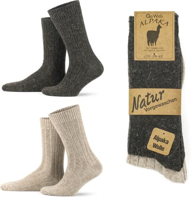 GoWith-2 paar-Alpaca Wollen Sokken-Huissokken-Warme Sokken-Thermosokken-Beige-Bruin-Maat 39-42