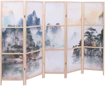 Paravent MCW-O70, scheidingswand, zichtbescherming, ruimteverdeling, natuurmotieven, hout, MVG, polyethyleen, 170 x 227 cm ~ Bergen