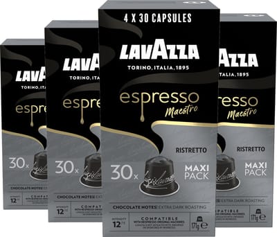 Lavazza Espresso Ristretto Koffiecups - 120 Nespresso Cups - Koffie Blend van Arabica & Robusta - Intensiteit: 12/13 - 4 x 30 Aluminium Capsules
