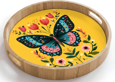 Dienblad rond 40x40 cm - Schootdienblad hout - Bloemen - Kleurrijk - Vlinder - Sierlijk - Borrelplank rechthoek - Plateau houten dienbladen