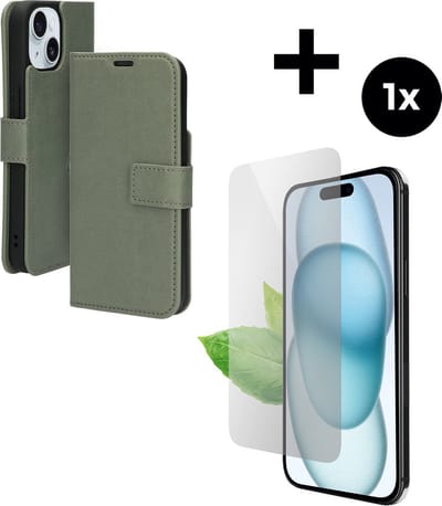Mobiparts Classic Wallet hoesje geschikt voor Apple iPhone 15 met 1 Screenprotector van Gerecycled Gehard Glas - Groen