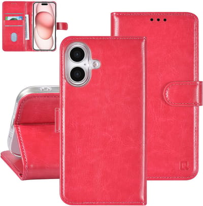 TUNIQ telefoonhoesje voor Apple iPhone 16 - Boekmodel voor 3 pasjes - Magneetsluiting - Roze