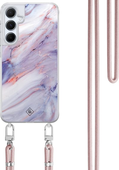 Casimoda® hoesje met koord - Geschikt voor Samsung A15 - Marmer Paars - Afneembaar koord - TPU/polycarbonaat - Paars