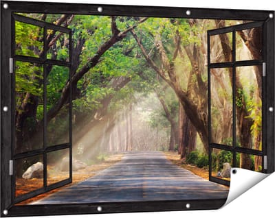 Gards Tuinposter Doorkijk Weg Omringd met Bomen - 120x80 cm - Tuindoek - Tuindecoratie - Wanddecoratie buiten - Tuinschilderij
