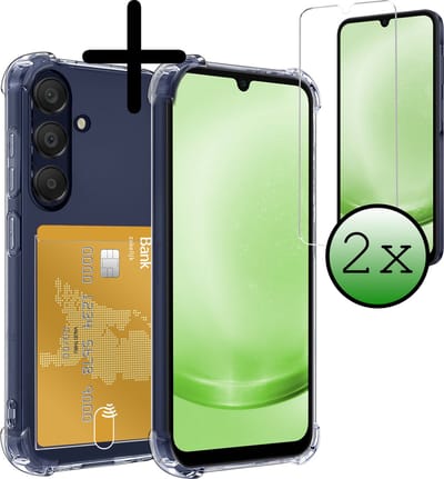Hoesje Geschikt voor Samsung Galaxy A25 - Met 2x Screenprotector - Pashouder - Kaarthouder - Telefoon Hoes Shockproof - Siliconen Case - Back Cover - Shock Proof - Pasjes Houder - Transparant