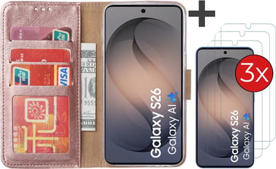 Hoesje met 3 Stuks Screenprotectors Geschikt voor Samsung Galaxy S26 – Arara bookcase met pasjeshouder - Rosegoud
