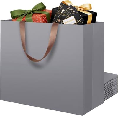 10 Stuks Grote Cadeauzakken Grijs, Luxe Cadeauzakken XL Papieren tassen 43x13x32cm met wenskaarten, Extra Grote Cadeautas voor verjaardag Feest Kerstmis Brui Valentijns, Sinterklaas surprise