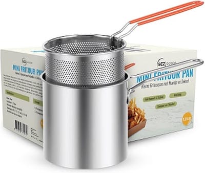 SEZGoods Kleine Frituurpan met Mandje – 1,2 Liter - Mini Friteuse - Geschikt voor gas en inductie - RVS - 26x12x13CM