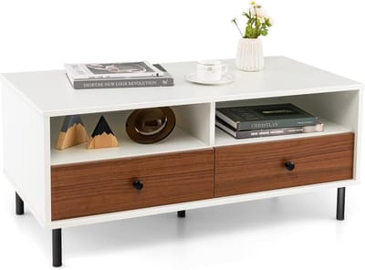COSTWAY Salontafel met 2 laden en 2 planken, woonkamertafel, rechthoekig met opbergruimte, koffietafel, banktafel voor woonkamer, slaapkamer, wit + bruin