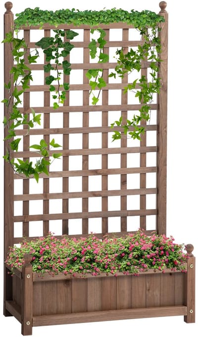 Plantenbak met klimrek - Bloembak - Weerbestendig - Met trellis - Buiten - Hout - Plantenrek - Rechthoekig - DonkerBruin