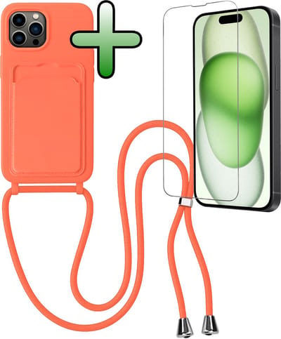 Hoes Geschikt voor iPhone 14 Pro Max Hoesje Pas Houder Case Hoes Met Koord Met Screenprotector - Hoesje Geschikt voor iPhone 14 Pro Max Hoes Met Telefoonkoord Pasjeshouder Cover - Papaya