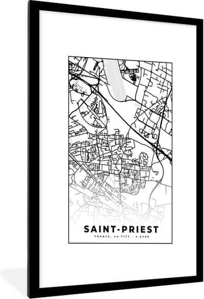 Fotolijst incl. Poster Zwart Wit- Plattegrond – Saint-Priest - Kaart – Frankrijk – Stadskaart - Zwart wit - 60x90 cm - Posterlijst