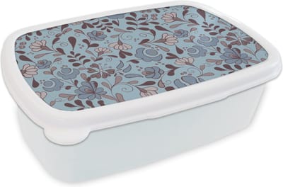 Broodtrommel Wit - Lunchbox Patroon - Bloem - Grijs - Blauw - Brooddoos 18x12x6 cm - Brood lunch box - Broodtrommels voor kinderen en volwassenen