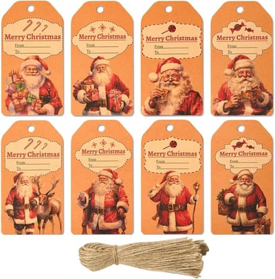 Kerstcadeau labels van kraftpapier met koord: 80 stuks met 8 verschillende kerstman motieven voor inpakken en versieren
