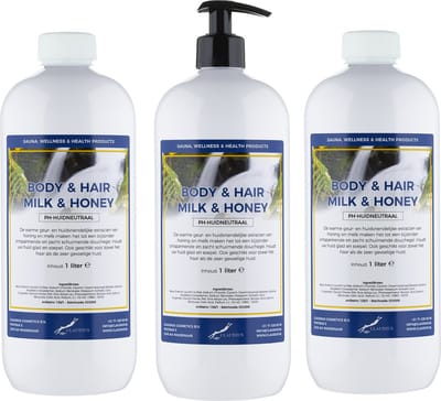 Body & Hair Milk & Honey 1 Liter - set van 3 stuks - met gratis pomp - 2 in 1 voor lichaam en haar.